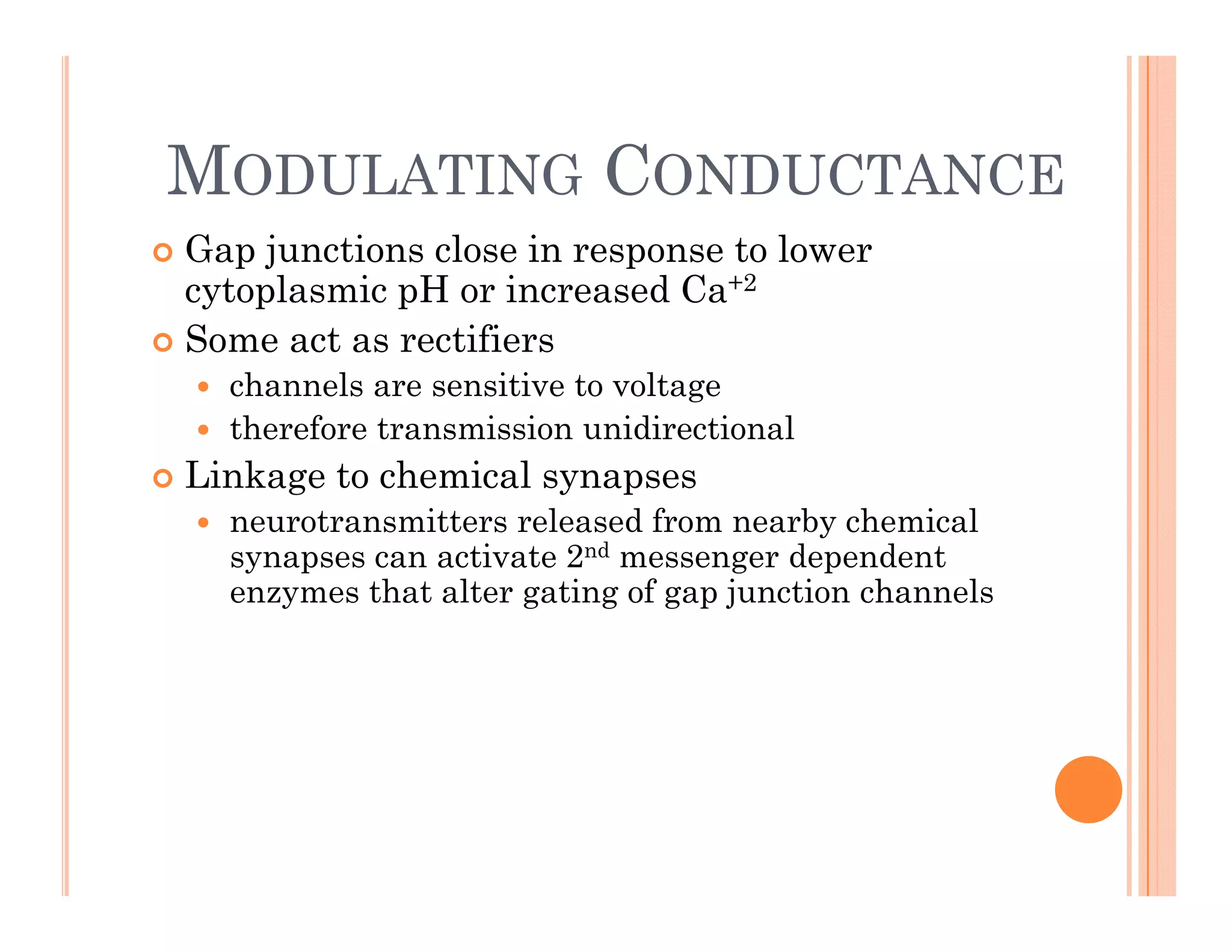 MODULATING CONDUCTANCE
MODULATING CONDUCTANCE
 Gap junctions close in response to lower
cytoplasmic pH or increased Ca+2
cytoplasmic pH or increased Ca
 Some act as rectifiers
 channels are sensitive to voltage
h f i i idi i l
 therefore transmission unidirectional
 Linkage to chemical synapses
 neurotransmitters released from nearby chemical
y
synapses can activate 2nd messenger dependent
enzymes that alter gating of gap junction channels
 