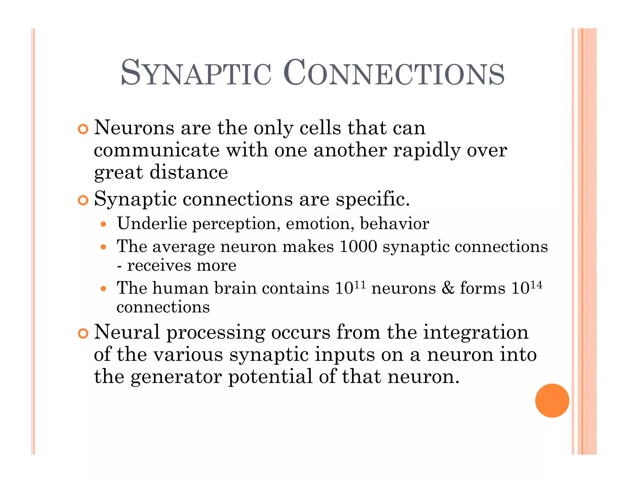 SYNAPTIC CONNECTIONS
 Neurons are the only cells that can
communicate with one another rapidly over
communicate with one another rapidly over
great distance
 Synaptic connections are specific.
 Underlie perception, emotion, behavior
 The average neuron makes 1000 synaptic connections
- receives more
 The human brain contains 1011 neurons & forms 1014
connections
 Neural processing occurs from the integration
 Neural processing occurs from the integration
of the various synaptic inputs on a neuron into
the generator potential of that neuron.
 