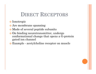 DIRECT RECEPTORS
DIRECT RECEPTORS
 Ionotropic
p
 Are membrane spanning
 Made of several peptide subunits
O bi di t itt d
 On binding neurotransmitter, undergo
conformational change that opens a G-protein
gated ion channel
 Example - acetylcholine receptor on muscle
 