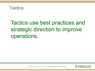 TacticsTactics use best practices and strategic direction to improve operations.