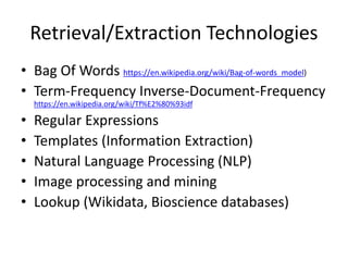 Retrieval/Extraction Technologies
• Bag Of Words https://en.wikipedia.org/wiki/Bag-of-words_model)
• Term-Frequency Inverse-Document-Frequency
https://en.wikipedia.org/wiki/Tf%E2%80%93idf
• Regular Expressions
• Templates (Information Extraction)
• Natural Language Processing (NLP)
• Image processing and mining
• Lookup (Wikidata, Bioscience databases)
 