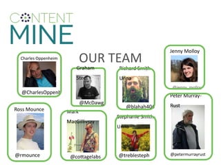 OUR TEAM
@jenny_molloy
Ross Mounce
@rmounce
Richard Smith-
Unna
@blahah404
Stephanie Smith-
Unna
@treblesteph
Jenny Molloy
Mark
MacGillivray
@cottagelabs
Peter Murray-
Rust
@petermurrayrust
Charles Oppenheim
@CharlesOppenh
Graham
Steel
@McDawg
 