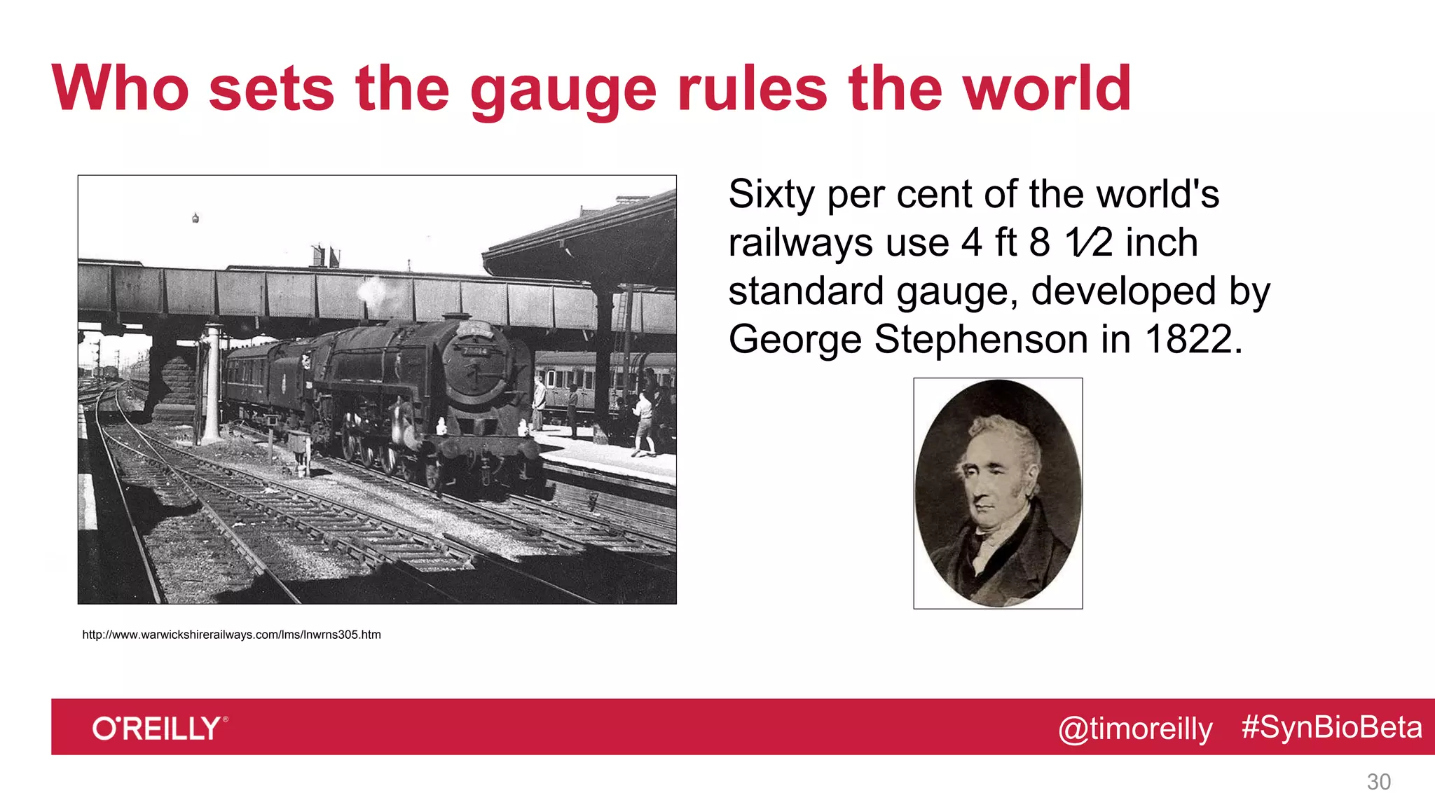 @timoreilly #SynBioBeta@timoreilly #SynBioBeta
Who sets the gauge rules the world
Sixty per cent of the world's
railways use 4 ft 8 1⁄2 inch
standard gauge, developed by
George Stephenson in 1822.
30
http://www.warwickshirerailways.com/lms/lnwrns305.htm
 