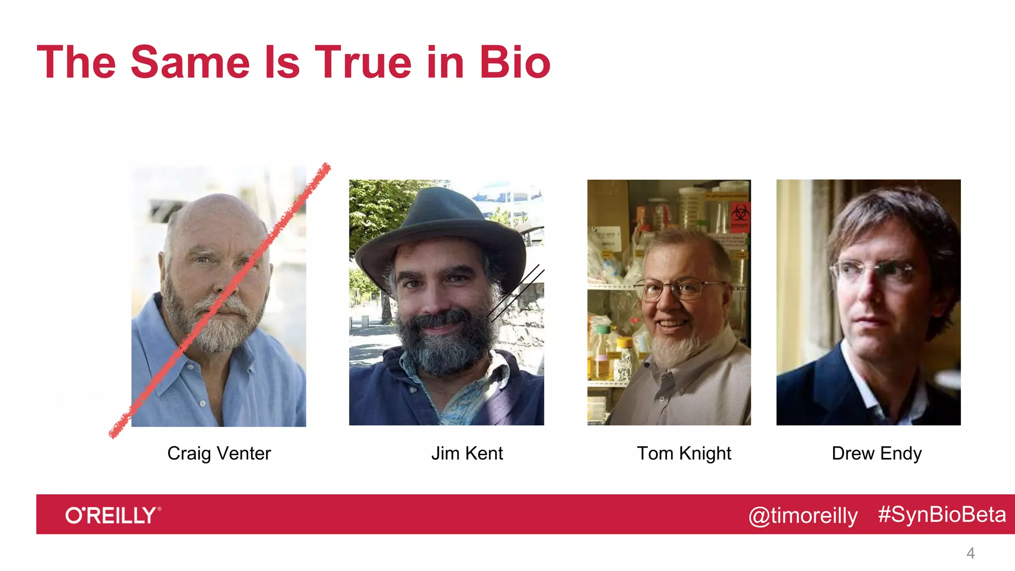 @timoreilly #SynBioBeta@timoreilly #SynBioBeta
The Same Is True in Bio
4
Jim KentCraig Venter Drew EndyTom Knight
 