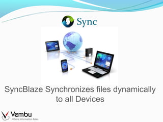 Sync




SyncBlaze Synchronizes files dynamically
            to all Devices
 