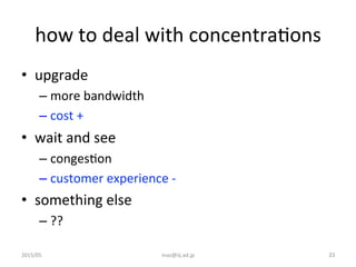 how	
  to	
  deal	
  with	
  concentraGons	
  	
•  upgrade	
  
– more	
  bandwidth	
  
– cost	
  +	
  
•  wait	
  and	
  see	
  
– congesGon	
  
– customer	
  experience	
  -­‐	
  
•  something	
  else	
  
– ??	
  
2015/05	
 maz@iij.ad.jp	
 23	
 