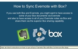 Here are short instructions on how to sync all your Evernote files with Box. So here are the steps.
 