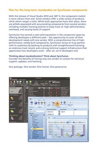 Plan for the long term: standardize on Syncfusion components

With the release of Visual Studio 2010 and .NET 4, the component market
is more vibrant than ever. Some vendors offer a wide variety of products,
while others target a niche. While both approaches have their place, there
are pitfalls associated with accumulating components from several vendors
including multiple licensing policies to keep track of, high administrative,
overhead, and varying levels of support.

Syncfusion has earned a rock-solid reputation in the component space by
offering developers a different path – the opportunity to cover all their
development needs with one vendor. With a comprehensive line of high-
performance, solidly built components, Syncfusion strives to truly partner
with its customers by backing its products with straightforward licensing,
an extensive track record, and a strong technical support infrastructure that
appreciates how developers work – after all, we’re developers too!

Thinking about standardization? Think about Syncfusion.
Consider the benefits of having only one vendor to contact for technical
support, updates, and licensing.

One package. One vendor. One license. One great price.
 