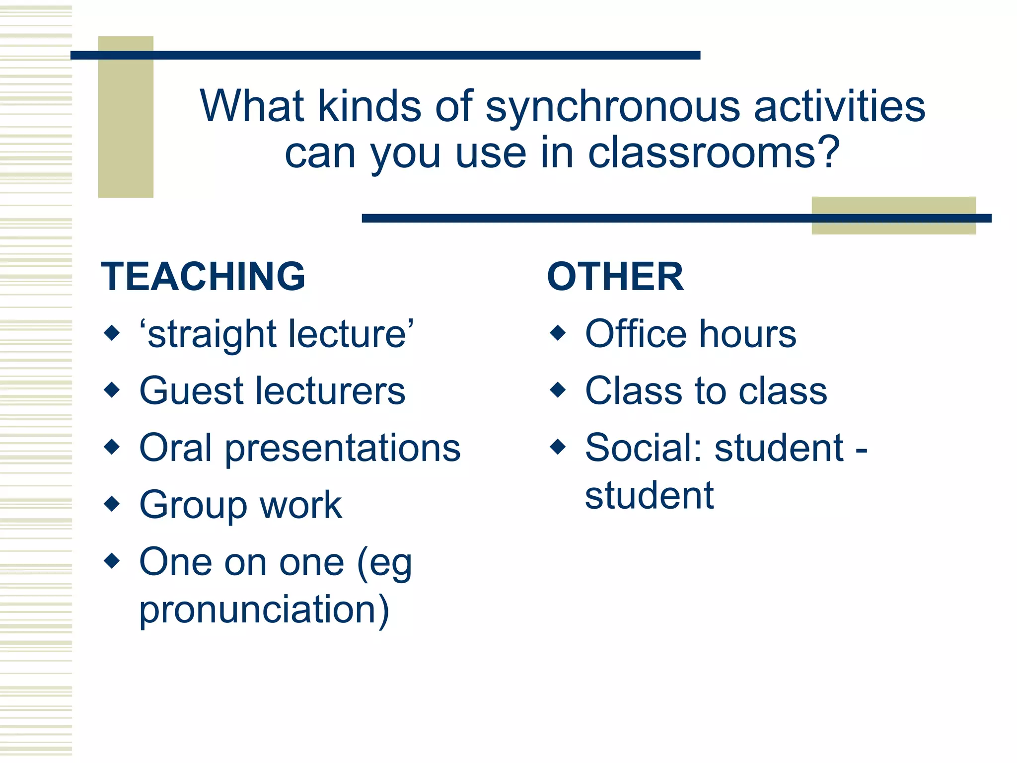 What kinds of synchronous activities
        can you use in classrooms?

TEACHING               OTHER
 „straight lecture‟    Office hours
 Guest lecturers       Class to class
 Oral presentations    Social: student -
 Group work             student
 One on one (eg
  pronunciation)
 