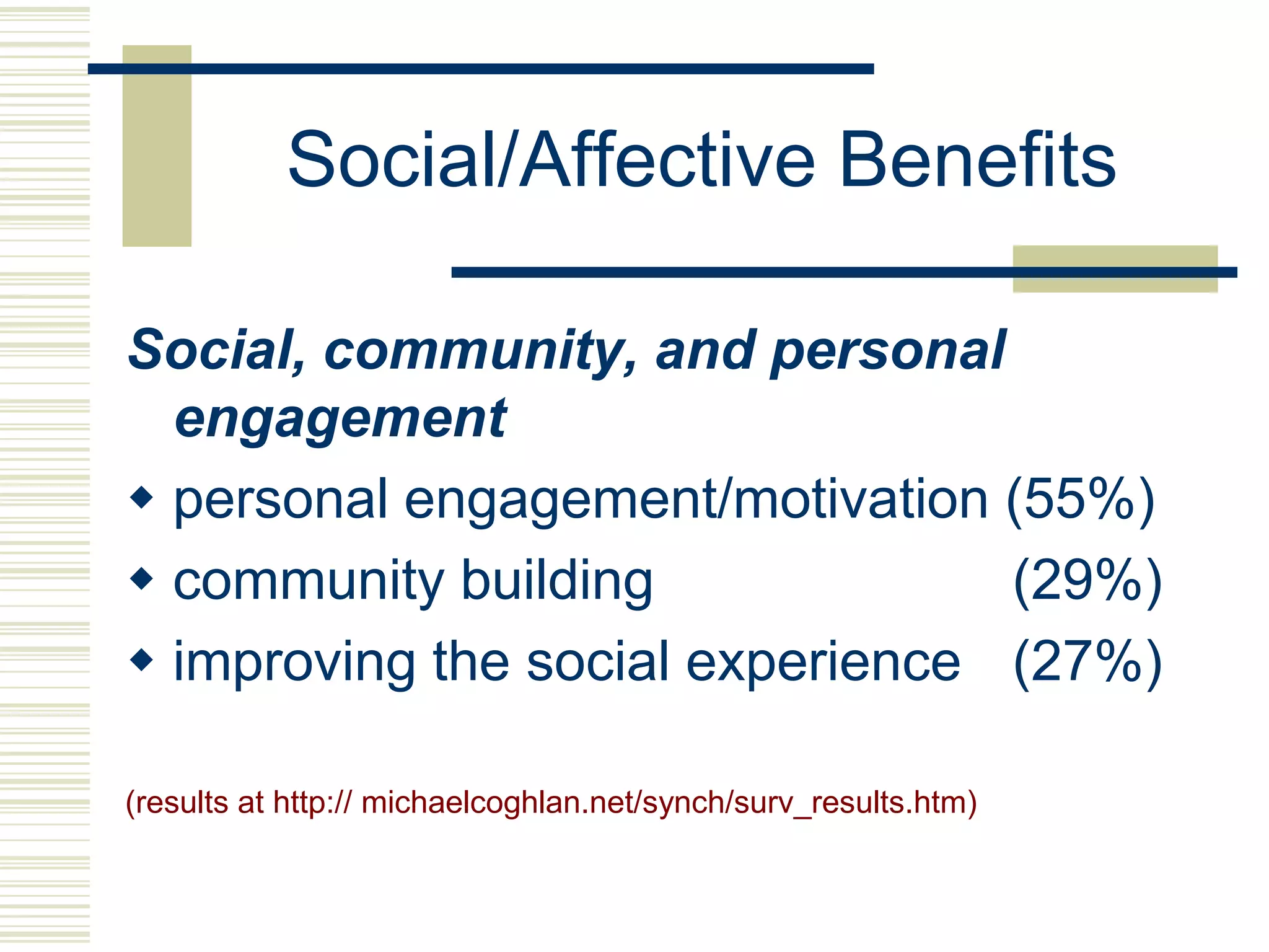 Social/Affective Benefits
Social, community, and personal
engagement
 personal engagement/motivation (55%)
 community building
(29%)
 improving the social experience (27%)
(results at http:// michaelcoghlan.net/synch/surv_results.htm)

 