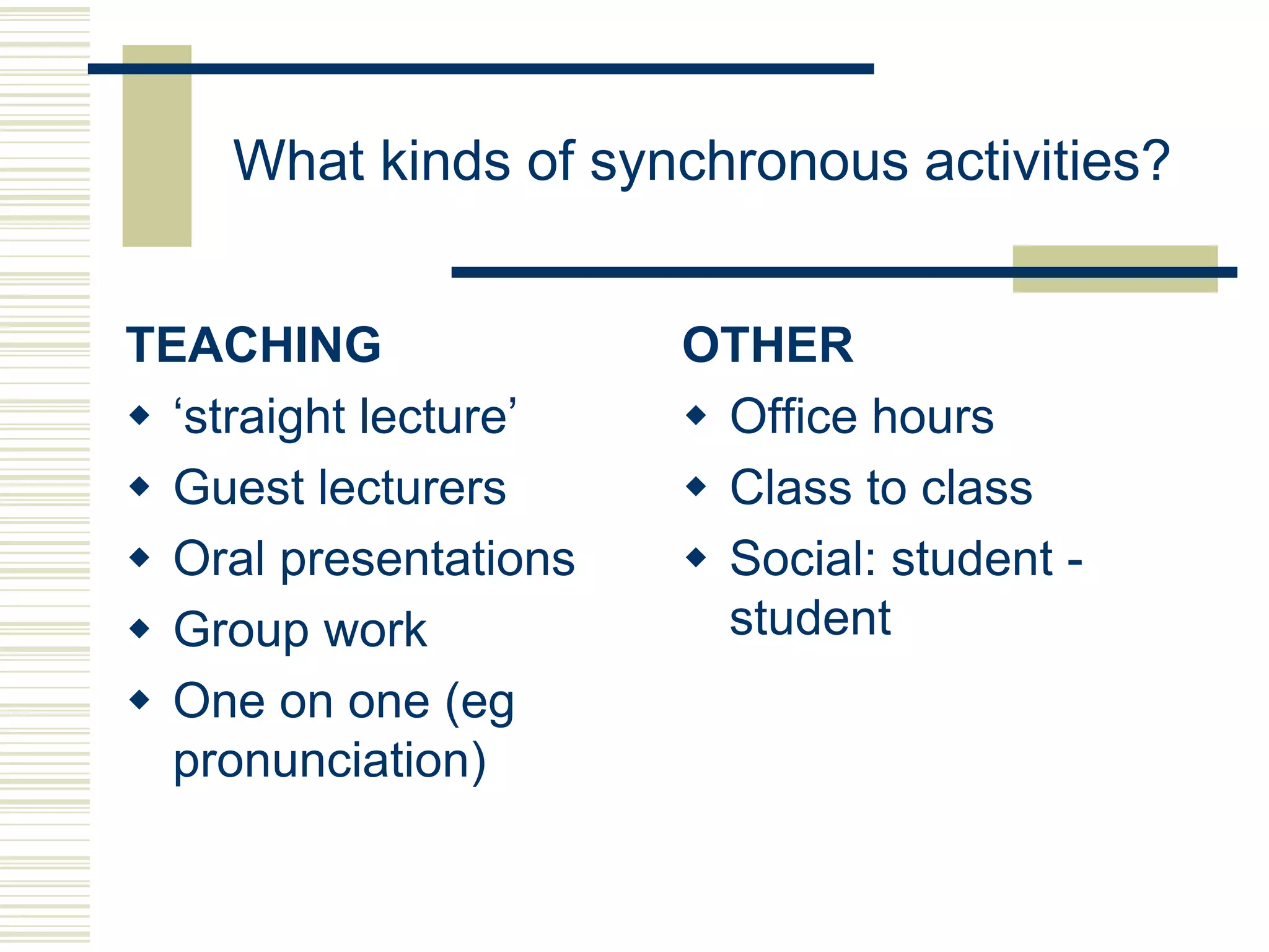 What kinds of synchronous activities?
TEACHING
 „straight lecture‟
 Guest lecturers
 Oral presentations
 Group work
 One on one (eg
pronunciation)

OTHER
 Office hours
 Class to class
 Social: student student

 