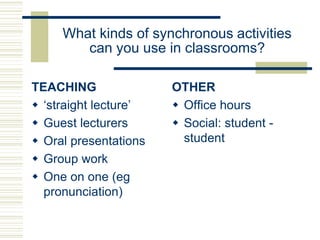 What kinds of synchronous activities
can you use in classrooms?
TEACHING
 ‘straight lecture’
 Guest lecturers
 Oral presentations
 Group work
 One on one (eg
pronunciation)
OTHER
 Office hours
 Social: student -
student
 