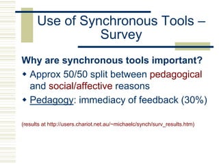 Use of Synchronous Tools –
Survey
Why are synchronous tools important?
 Approx 50/50 split between pedagogical
and social/affective reasons
 Pedagogy: immediacy of feedback (30%)
(results at http://users.chariot.net.au/~michaelc/synch/surv_results.htm)
 