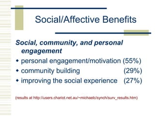 Social/Affective Benefits
Social, community, and personal
engagement
 personal engagement/motivation (55%)
 community building (29%)
 improving the social experience (27%)
(results at http://users.chariot.net.au/~michaelc/synch/surv_results.htm)
 
