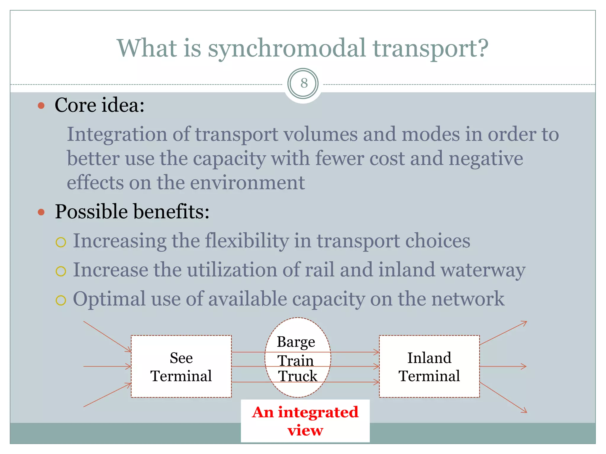 What is synchromodal transport?
8
 Paul Ham (2012):
Making optimal use of all modes of transport and available
capacity, at all times, as an integrated transport solution.
 Lucassen & Dogger (2012):
Constantly tuning inside and between good chains,
transport chains and infrastructure so that given the
aggregated transport demand, and at any moment in time,
the best modality can be chosen.
 van Riessen (2013):
Synchromodal transport planning is intermodal transport
planning with the possibility of real-time switching between
the modes.
 
