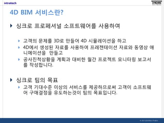 4D BIM 서비스란?
 싱크로 프로페셔널 소프트웨어를 사용하여
 고객의 문제를 3D로 만들어 4D 시뮬레이션을 하고
 4D에서 생성된 자료를 사용하여 프레젠테이션 자료와 동영상 애

니메이션을 만들고
 공사진척상황을 계획과 대비한 월간 프로젝트 모니터링 보고서
를 작성합니다.

 싱크로 팀의 목표
 고객 기대수준 이상의 서비스를 제공하므로써 고객이 소프트웨

어 구매결정을 유도하는것이 팀의 목표입니다.

© 2013 인트라테크 주식회사

 