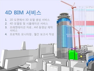 4D BIM 서비스
1.
2.
3.
4.

2D 도면에서 3D 모델 생성 서비스
4D 모델링 및 시뮬레이션 서비스
프레젠테이션 자료 , AVI 동영상 제작
서비스
프로젝트 모니터링 , 월간 보고서 작성

 