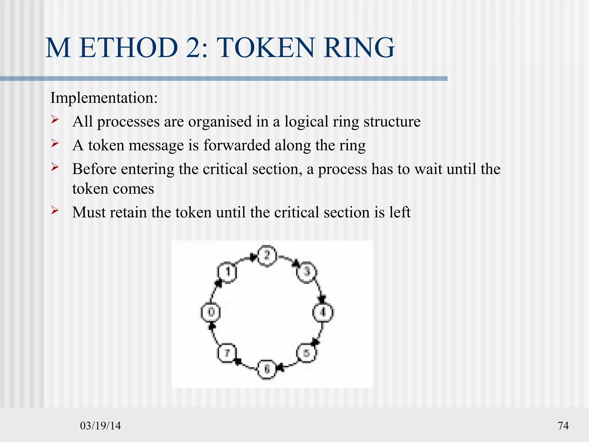 03/19/14 74
M ETHOD 2: TOKEN RING
Implementation:
 All processes are organised in a logical ring structure
 A token message is forwarded along the ring
 Before entering the critical section, a process has to wait until the
token comes
 Must retain the token until the critical section is left
 