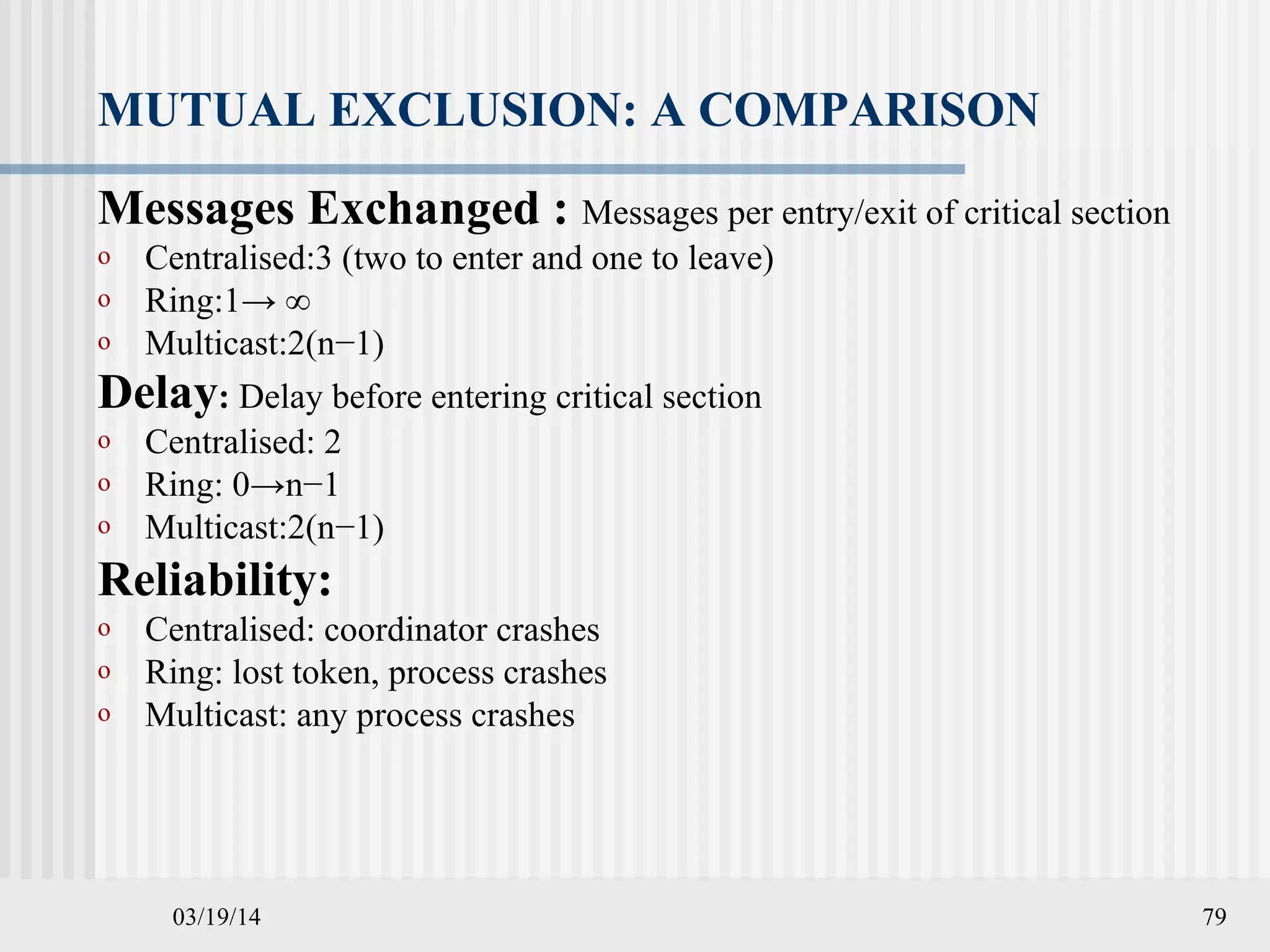 03/19/14 79
MUTUAL EXCLUSION: A COMPARISON
Messages Exchanged : Messages per entry/exit of critical section
o Centralised:3 (two to enter and one to leave)
o Ring:1→ ∞
o Multicast:2(n−1)
Delay: Delay before entering critical section
o Centralised: 2
o Ring: 0→n−1
o Multicast:2(n−1)
Reliability:
o Centralised: coordinator crashes
o Ring: lost token, process crashes
o Multicast: any process crashes
 