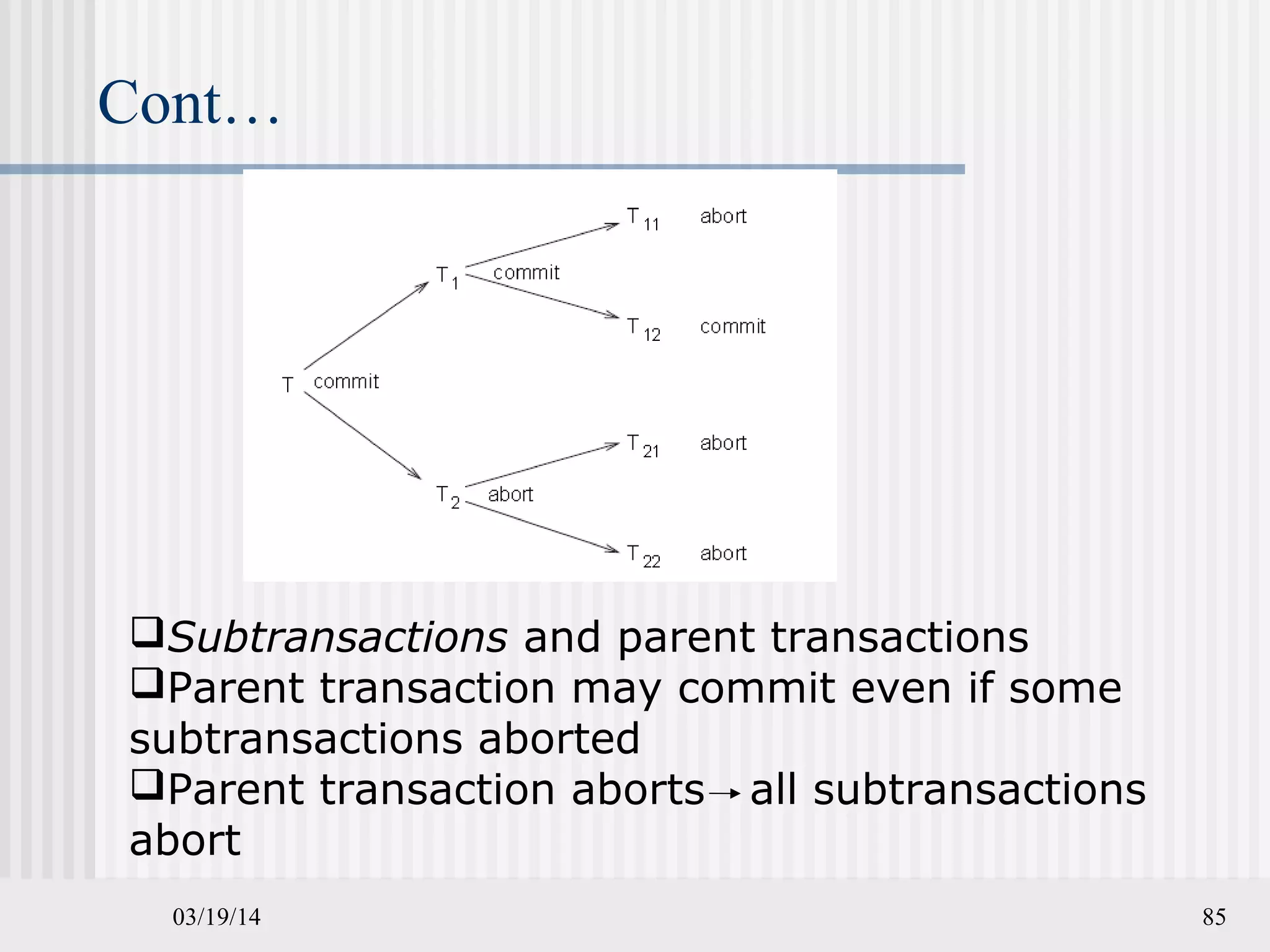 03/19/14 85
Cont…
Subtransactions and parent transactions
Parent transaction may commit even if some
subtransactions aborted
Parent transaction aborts all subtransactions
abort
 