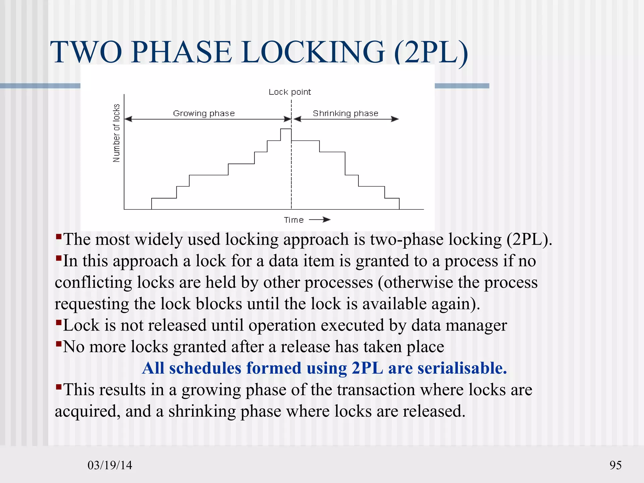 03/19/14 95
TWO PHASE LOCKING (2PL)
The most widely used locking approach is two-phase locking (2PL).
In this approach a lock for a data item is granted to a process if no
conflicting locks are held by other processes (otherwise the process
requesting the lock blocks until the lock is available again).
Lock is not released until operation executed by data manager
No more locks granted after a release has taken place
All schedules formed using 2PL are serialisable.
This results in a growing phase of the transaction where locks are
acquired, and a shrinking phase where locks are released.
 