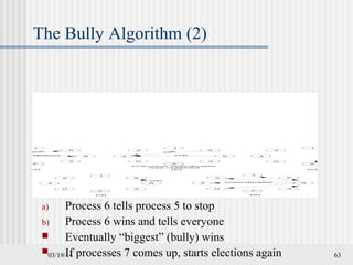 03/19/14 63
The Bully Algorithm (2)
a) Process 6 tells process 5 to stop
b) Process 6 wins and tells everyone
 Eventually “biggest” (bully) wins
 If processes 7 comes up, starts elections again
 