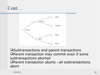03/19/14 85
Cont…
Subtransactions and parent transactions
Parent transaction may commit even if some
subtransactions aborted
Parent transaction aborts all subtransactions
abort
 