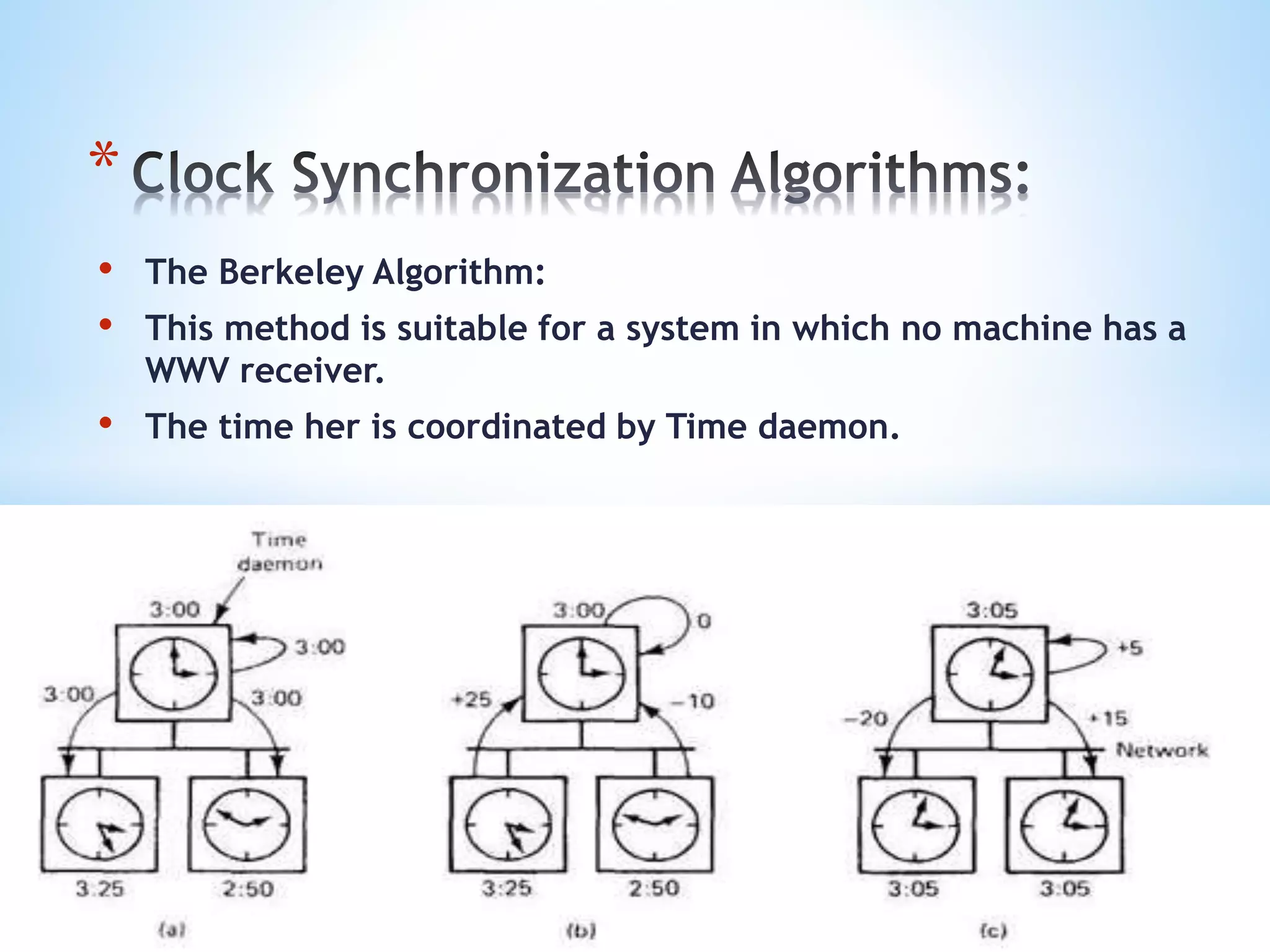 • The Berkeley Algorithm:
• This method is suitable for a system in which no machine has a
WWV receiver.
• The time her is coordinated by Time daemon.
*
 