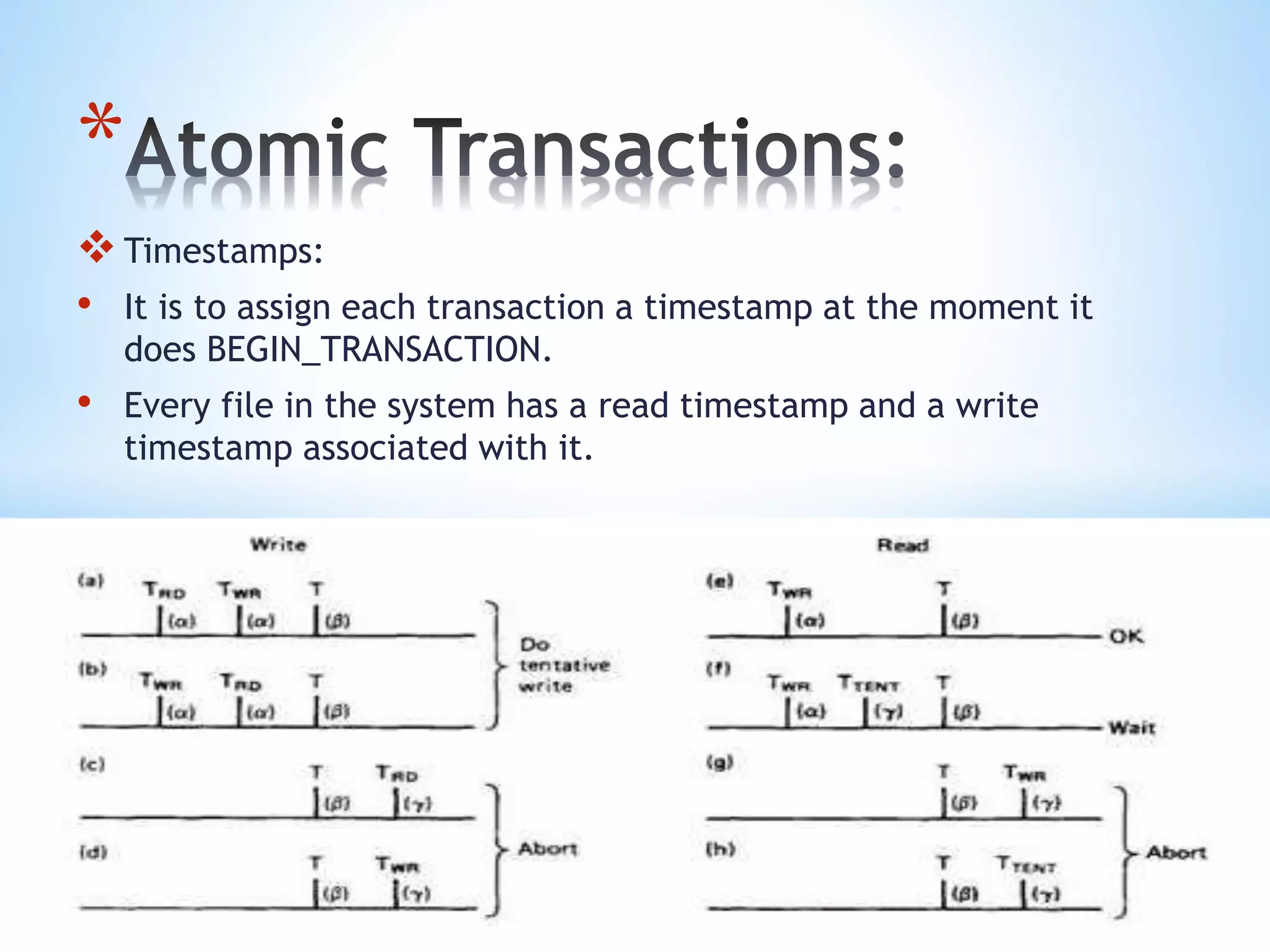 *
Timestamps:
• It is to assign each transaction a timestamp at the moment it
does BEGIN_TRANSACTION.
• Every file in the system has a read timestamp and a write
timestamp associated with it.
 
