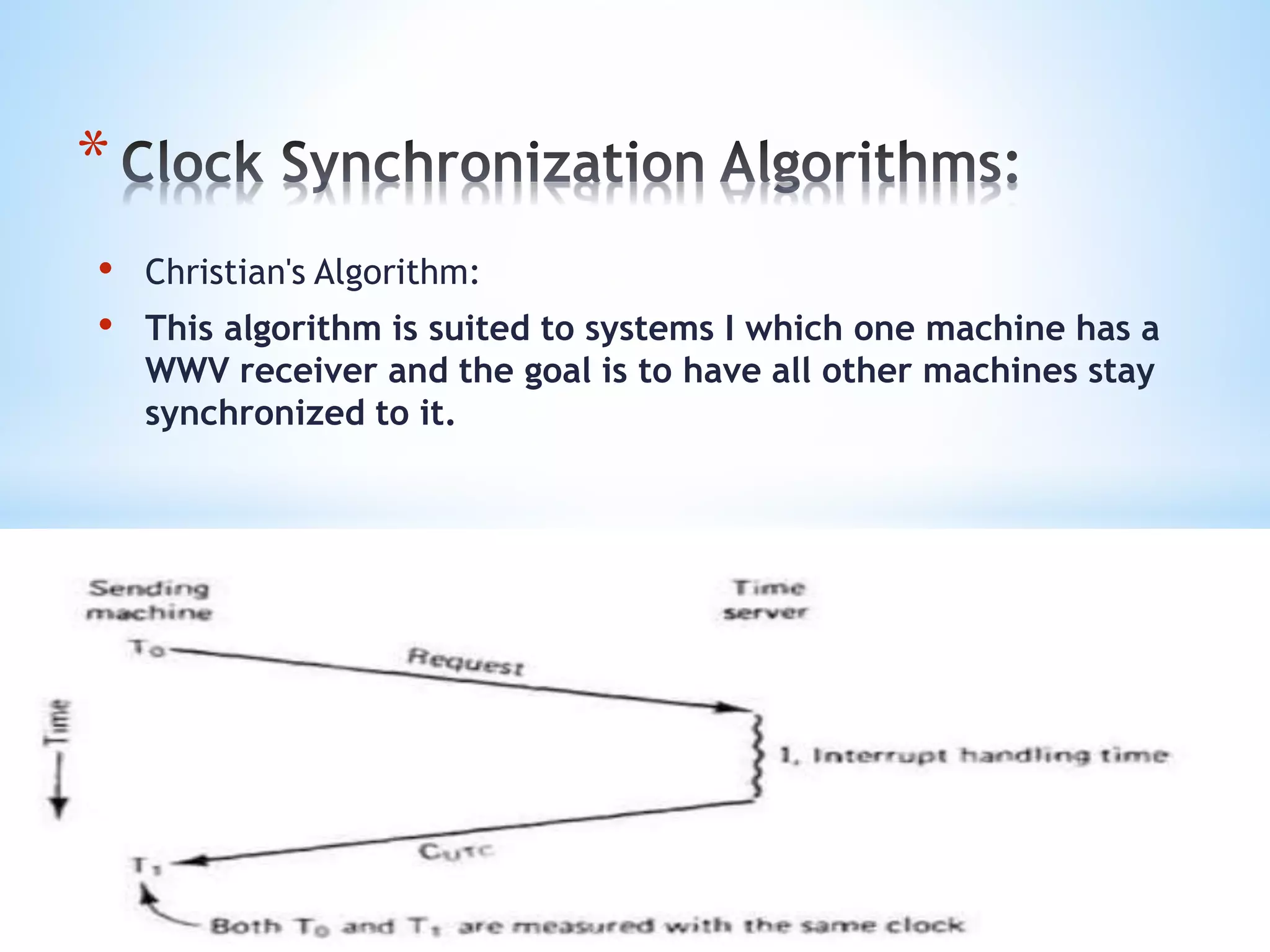 *
• Christian's Algorithm:
• This algorithm is suited to systems I which one machine has a
WWV receiver and the goal is to have all other machines stay
synchronized to it.
 