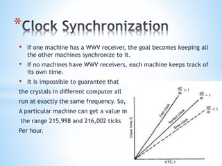 *
• If one machine has a WWV receiver, the goal becomes keeping all
the other machines synchronize to it.
• If no machines have WWV receivers, each machine keeps track of
its own time.
• It is impossible to guarantee that
the crystals in different computer all
run at exactly the same frequency. So,
A particular machine can get a value in
the range 215,998 and 216,002 ticks
Per hour.
 