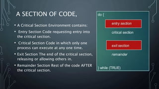 A SECTION OF CODE,
• A Critical Section Environment contains:
• Entry Section Code requesting entry into
the critical section.
• Critical Section Code in which only one
process can execute at any one time.
• Exit Section The end of the critical section,
releasing or allowing others in.
• Remainder Section Rest of the code AFTER
the critical section.
 