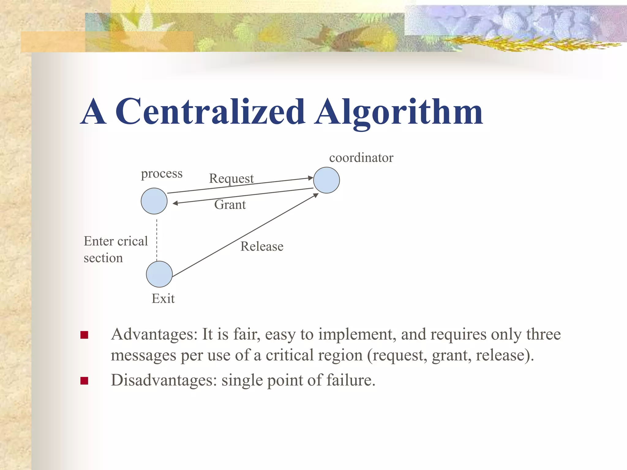 A Centralized Algorithm
 Advantages: It is fair, easy to implement, and requires only three
messages per use of a critical region (request, grant, release).
 Disadvantages: single point of failure.
coordinator
process Request
Grant
Enter crical
section
Exit
Release
 