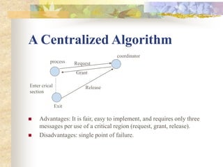 A Centralized Algorithm
 Advantages: It is fair, easy to implement, and requires only three
messages per use of a critical region (request, grant, release).
 Disadvantages: single point of failure.
coordinator
process Request
Grant
Enter crical
section
Exit
Release
 