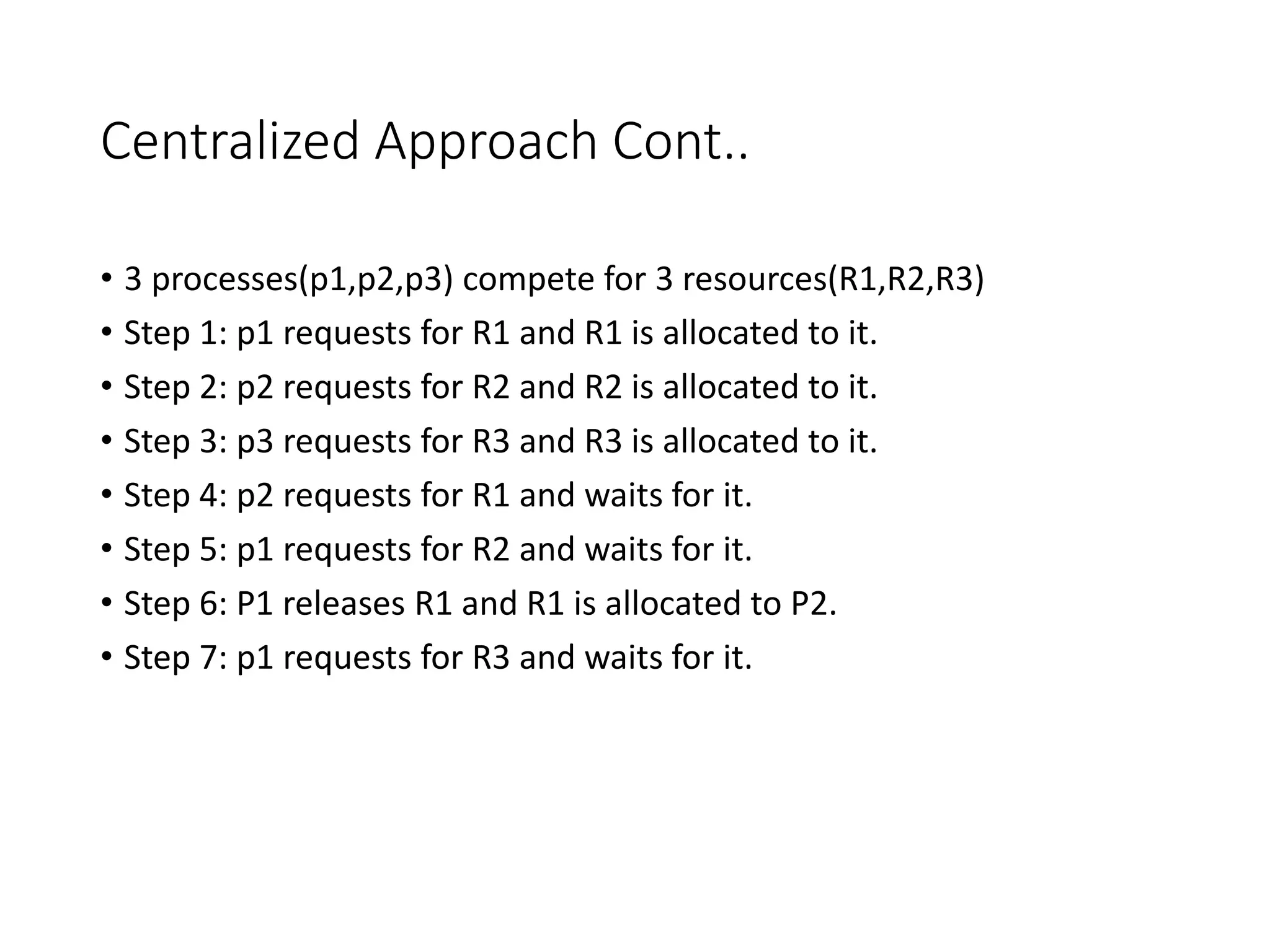 Centralized Approach Cont..
• 3 processes(p1,p2,p3) compete for 3 resources(R1,R2,R3)
• Step 1: p1 requests for R1 and R1 is allocated to it.
• Step 2: p2 requests for R2 and R2 is allocated to it.
• Step 3: p3 requests for R3 and R3 is allocated to it.
• Step 4: p2 requests for R1 and waits for it.
• Step 5: p1 requests for R2 and waits for it.
• Step 6: P1 releases R1 and R1 is allocated to P2.
• Step 7: p1 requests for R3 and waits for it.
 