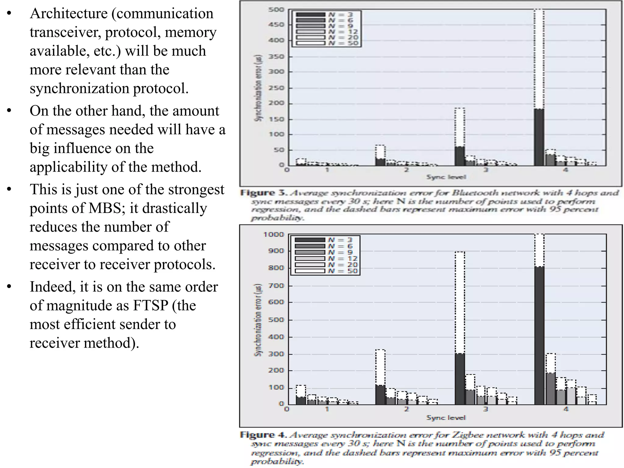 •   Architecture (communication
    transceiver, protocol, memory
    available, etc.) will be much
    more relevant than the
    synchronization protocol.
•   On the other hand, the amount
    of messages needed will have a
    big influence on the
    applicability of the method.
•   This is just one of the strongest
    points of MBS; it drastically
    reduces the number of
    messages compared to other
    receiver to receiver protocols.
•   Indeed, it is on the same order
    of magnitude as FTSP (the
    most efficient sender to
    receiver method).
 