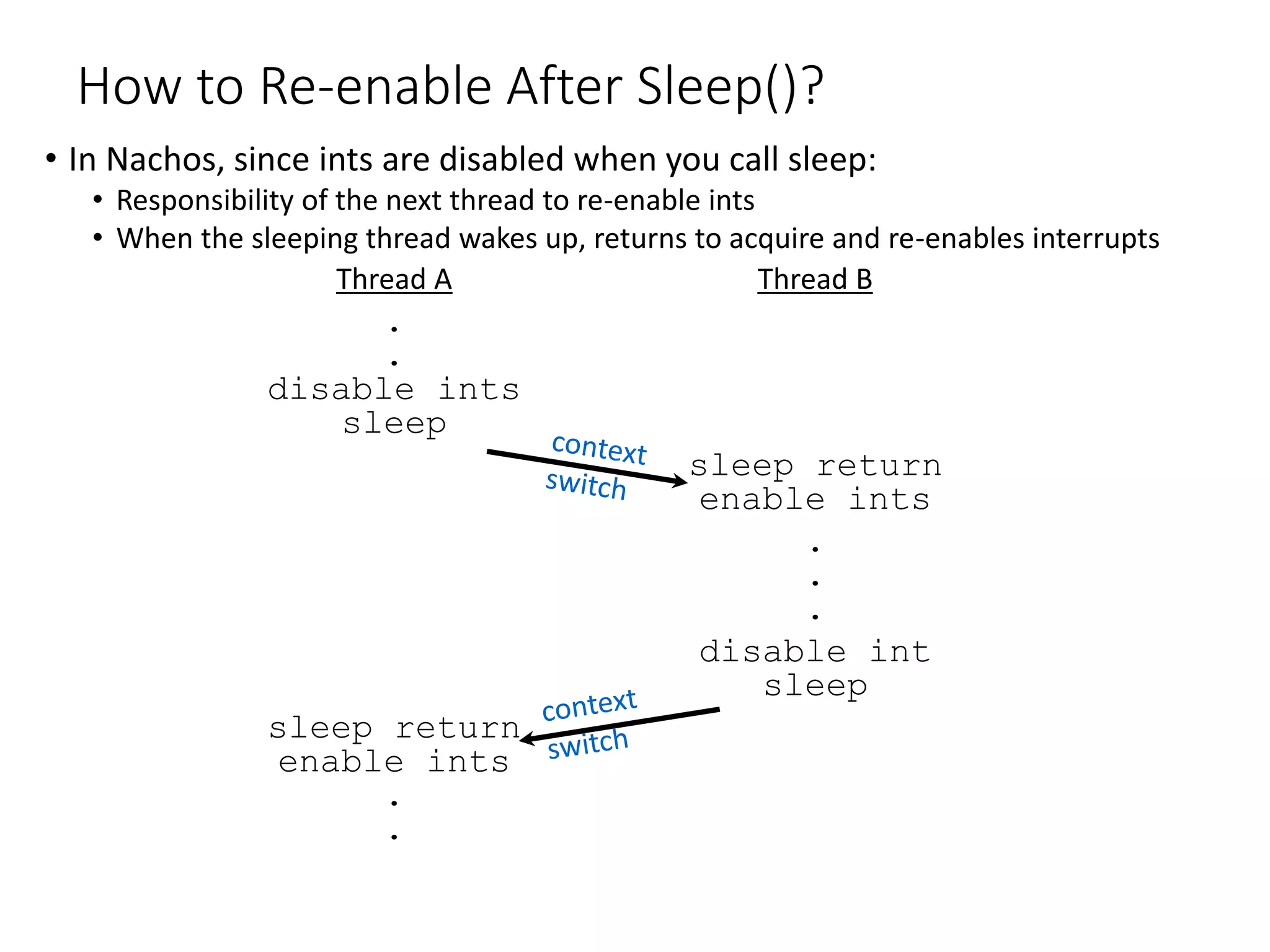 How to Re-enable After Sleep()?
• In Nachos, since ints are disabled when you call sleep:
• Responsibility of the next thread to re-enable ints
• When the sleeping thread wakes up, returns to acquire and re-enables interrupts
Thread A Thread B
.
.
disable ints
sleep
sleep return
enable ints
.
.
.
disable int
sleep
sleep return
enable ints
.
.
 