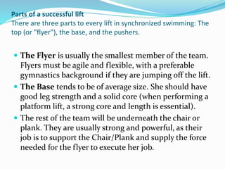 Parts of a successful lift
There are three parts to every lift in synchronized swimming: The
top (or "flyer"), the base, and the pushers.
 The Flyer is usually the smallest member of the team.
Flyers must be agile and flexible, with a preferable
gymnastics background if they are jumping off the lift.
 The Base tends to be of average size. She should have
good leg strength and a solid core (when performing a
platform lift, a strong core and length is essential).
 The rest of the team will be underneath the chair or
plank. They are usually strong and powerful, as their
job is to support the Chair/Plank and supply the force
needed for the flyer to execute her job.
 