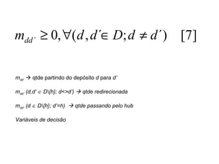 m dd’     qtde partindo do depósito  d  para  d’   m dd’  (d,d’    D\{h}; d<>d’)    qtde redirecionada m dd’  (d    D\{h}; d’=h)    qtde passando pelo hub Variáveis de decisão 