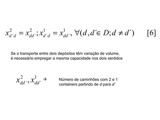 Se o transporte entre dois depósitos têm variação de volume,  é necessário empregar a mesma capacidade nos dois sentidos Número de caminhões com 2 e 1  containers partindo de  d  para  d’ 