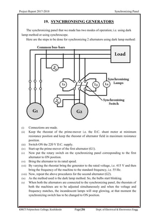 Project Report 2017-2018 Synchronizing Panel
KMCT Polytechnic College, Kozhikode Page|36 Dept. of Electrical & Electronics Engg.
19. SYNCHRONISING GENERATORS
The synchronizing panel that we made has two modes of operation; i.e. using dark
lamp method or using synchroscope.
Here are the steps to be done for synchronizing 2 alternators using dark lamp method:
(i) Connections are made.
(ii) Keep the rheostat of the prime-mover i.e. the D.C. shunt motor at minimum
resistance position and keep the rheostat of alternator field in maximum resistance
position.
(iii) Switch ON the 220 V D.C. supply.
(iv) Start-up the prime-mover of the first alternator (G1).
(v) Now put the rotary switch on the synchronizing panel corresponding to the first
alternator to ON position.
(vi) Bring the alternator to its rated speed.
(vii) By varying the rheostat bring the generator to the rated voltage, i.e. 415 V and then
bring the frequency of the machine to the standard frequency, i.e. 55 Hz.
(viii) Now, repeat the above procedures for the second alternator (G2).
(ix) As the method used is the dark lamp method. So, the bulbs start blinking.
(x) When both the alternators are connected to the synchronizing panel, the rheostats of
both the machines are to be adjusted simultaneously and when the voltage and
frequency matches, the incandescent lamps will stop glowing, at that moment the
synchronizing switch has to be changed to ON position.
 