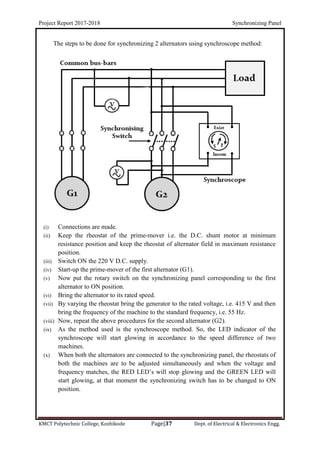 Project Report 2017-2018 Synchronizing Panel
KMCT Polytechnic College, Kozhikode Page|37 Dept. of Electrical & Electronics Engg.
The steps to be done for synchronizing 2 alternators using synchroscope method:
(i) Connections are made.
(ii) Keep the rheostat of the prime-mover i.e. the D.C. shunt motor at minimum
resistance position and keep the rheostat of alternator field in maximum resistance
position.
(iii) Switch ON the 220 V D.C. supply.
(iv) Start-up the prime-mover of the first alternator (G1).
(v) Now put the rotary switch on the synchronizing panel corresponding to the first
alternator to ON position.
(vi) Bring the alternator to its rated speed.
(vii) By varying the rheostat bring the generator to the rated voltage, i.e. 415 V and then
bring the frequency of the machine to the standard frequency, i.e. 55 Hz.
(viii) Now, repeat the above procedures for the second alternator (G2).
(ix) As the method used is the synchroscope method. So, the LED indicator of the
synchroscope will start glowing in accordance to the speed difference of two
machines.
(x) When both the alternators are connected to the synchronizing panel, the rheostats of
both the machines are to be adjusted simultaneously and when the voltage and
frequency matches, the RED LED’s will stop glowing and the GREEN LED will
start glowing, at that moment the synchronizing switch has to be changed to ON
position.
 