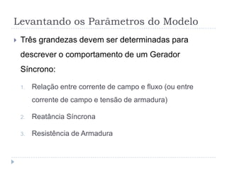 Levantando os Parâmetros do Modelo
 Três grandezas devem ser determinadas para
descrever o comportamento de um Gerador
Síncrono:
1. Relação entre corrente de campo e fluxo (ou entre
corrente de campo e tensão de armadura)
2. Reatância Síncrona
3. Resistência de Armadura
 