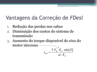 Vantagens da Correção de FDesl
1. Redução das perdas nos cabos
2. Diminuição dos custos do sistema de
transmissão
3. Aumento do torque disponível do eixo do
motor síncrono
 3 sinA
ind
S
V E
X
 


  


 