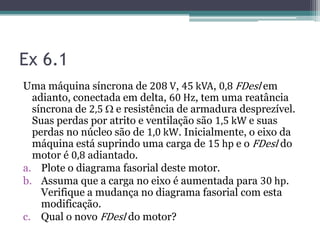 Ex 6.1
Uma máquina síncrona de 208 V, 45 kVA, 0,8 FDesl em
adianto, conectada em delta, 60 Hz, tem uma reatância
síncrona de 2,5 W e resistência de armadura desprezível.
Suas perdas por atrito e ventilação são 1,5 kW e suas
perdas no núcleo são de 1,0 kW. Inicialmente, o eixo da
máquina está suprindo uma carga de 15 hp e o FDesl do
motor é 0,8 adiantado.
a. Plote o diagrama fasorial deste motor.
b. Assuma que a carga no eixo é aumentada para 30 hp.
Verifique a mudança no diagrama fasorial com esta
modificação.
c. Qual o novo FDesl do motor?
 