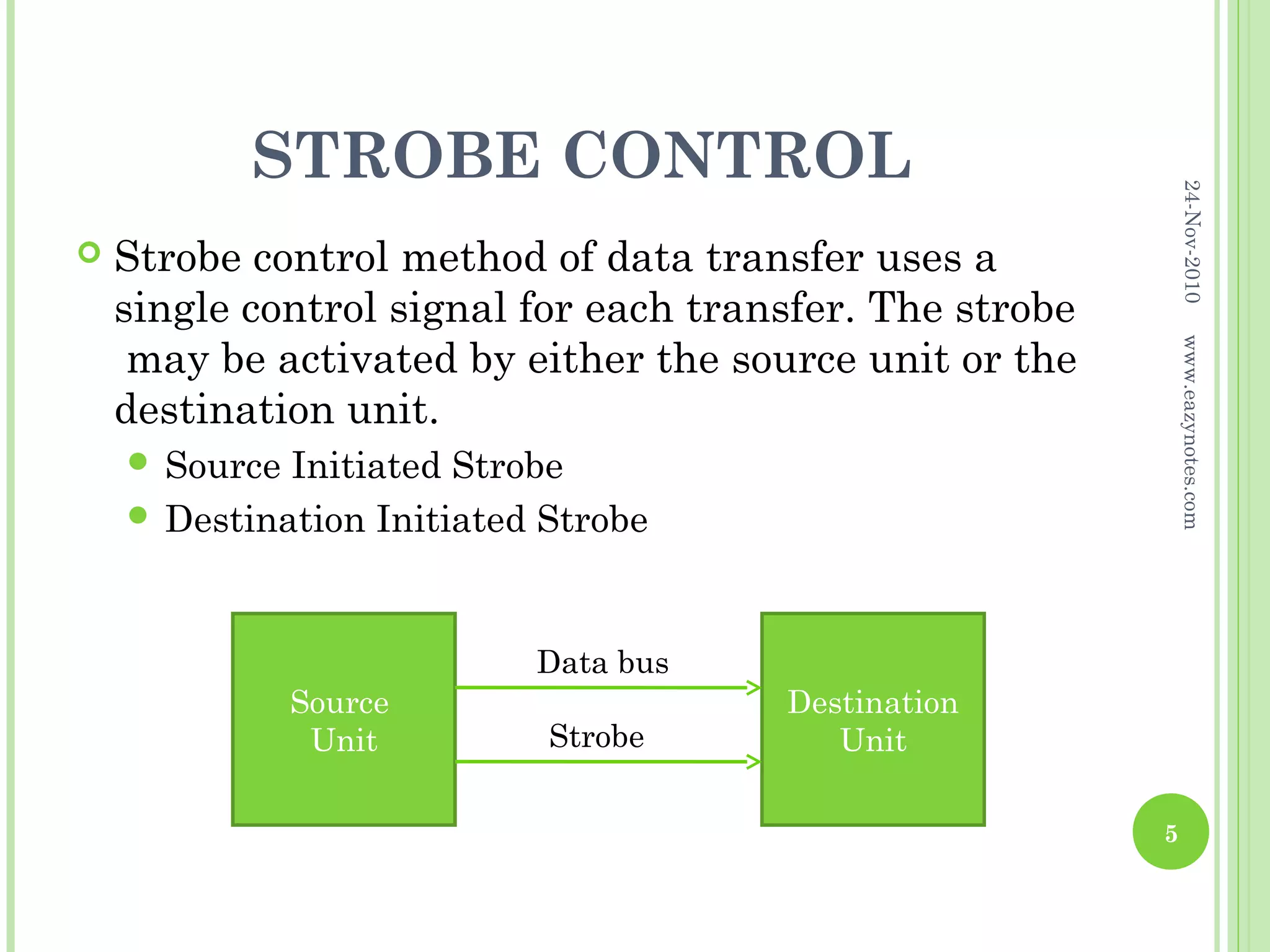 STROBE CONTROL




                                                              24-Nov-2010
   Strobe control method of data transfer uses a
    single control signal for each transfer. The strobe
     may be activated by either the source unit or the




                                                              www.eazynotes.com
    destination unit.
     Source Initiated Strobe
     Destination Initiated Strobe



                           Data bus
               Source                  Destination
                Unit        Strobe        Unit

                                                          5
 