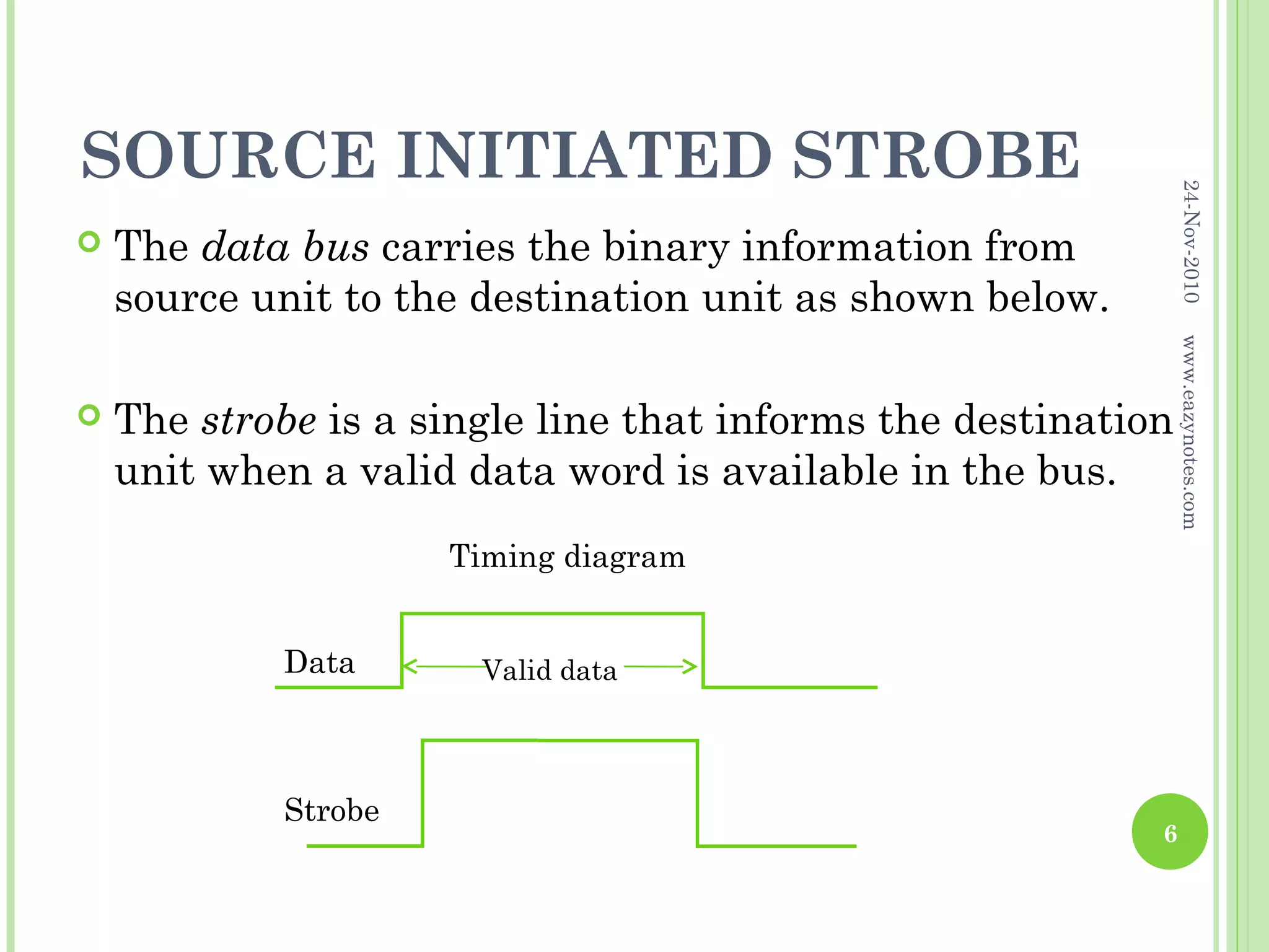 SOURCE INITIATED STROBE




                                                               24-Nov-2010
   The data bus carries the binary information from
    source unit to the destination unit as shown below.




                                                               www.eazynotes.com
   The strobe is a single line that informs the destination
    unit when a valid data word is available in the bus.
                     Timing diagram


            Data       Valid data




            Strobe
                                                           6
 