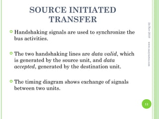 SOURCE INITIATED
            TRANSFER




                                                       24-Nov-2010
   Handshaking signals are used to synchronize the
    bus activities.




                                                       www.eazynotes.com
   The two handshaking lines are data valid, which
    is generated by the source unit, and data
    accepted, generated by the destination unit.

   The timing diagram shows exchange of signals
    between two units.

                                                      11
 