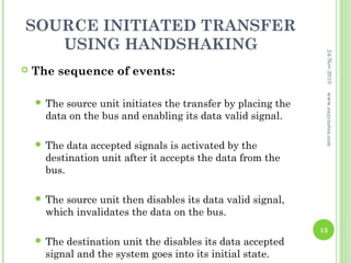 SOURCE INITIATED TRANSFER
   USING HANDSHAKING




                                                               24-Nov-2010
   The sequence of events:




                                                               www.eazynotes.com
     The source unit initiates the transfer by placing the
      data on the bus and enabling its data valid signal.

     The  data accepted signals is activated by the
      destination unit after it accepts the data from the
      bus.

     The source unit then disables its data valid signal,
      which invalidates the data on the bus.
                                                              13
     The destination unit the disables its data accepted
      signal and the system goes into its initial state.
 