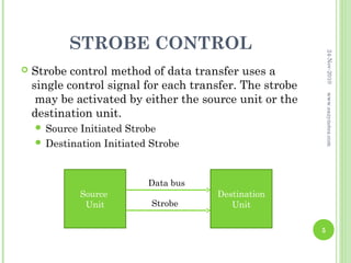 STROBE CONTROL




                                                              24-Nov-2010
   Strobe control method of data transfer uses a
    single control signal for each transfer. The strobe
     may be activated by either the source unit or the




                                                              www.eazynotes.com
    destination unit.
     Source Initiated Strobe
     Destination Initiated Strobe



                           Data bus
               Source                  Destination
                Unit        Strobe        Unit

                                                          5
 